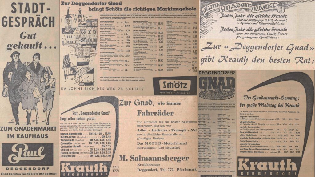 Verschiedenste Zeitungsartikel mit Werbung einzelner Geschäfte zur Deggendorfer Gnad.